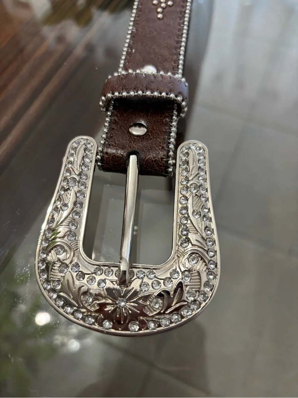 Nocona Women’s Brown Western Belt Size 26 Rhinestone Studded Adjustable Buckle